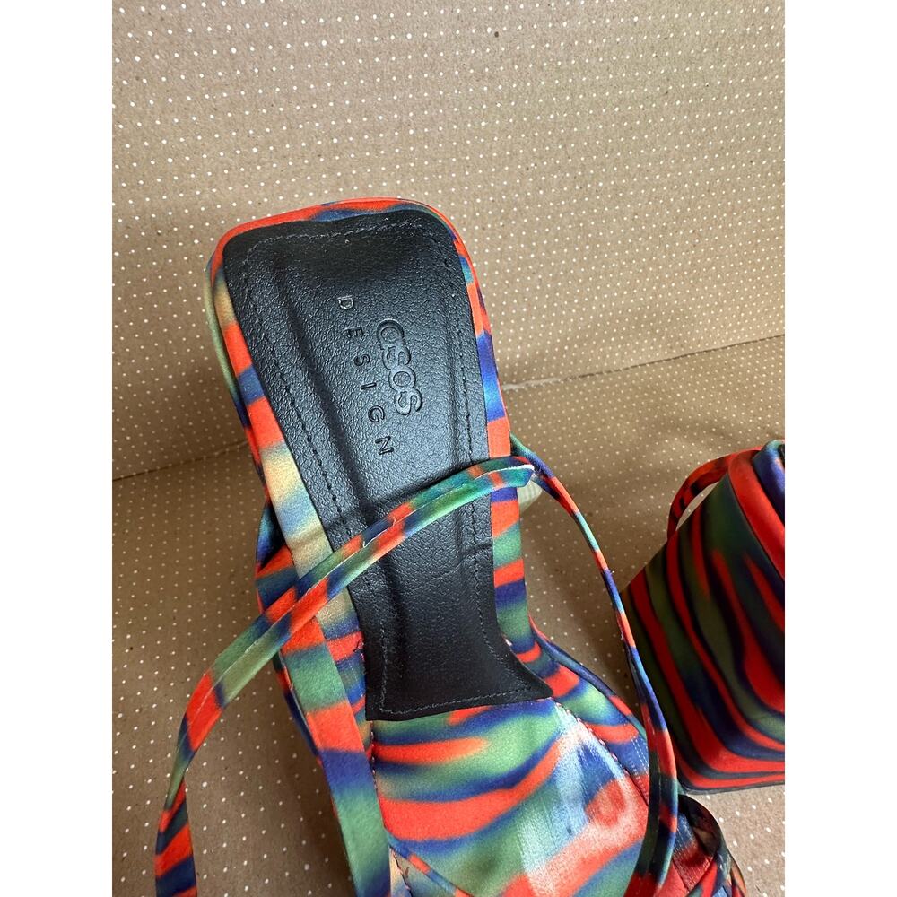 ASOS Design Colorful Orange Blue Heels Strappy Square Toe Tie Up High Heel - Picture 5 of 12